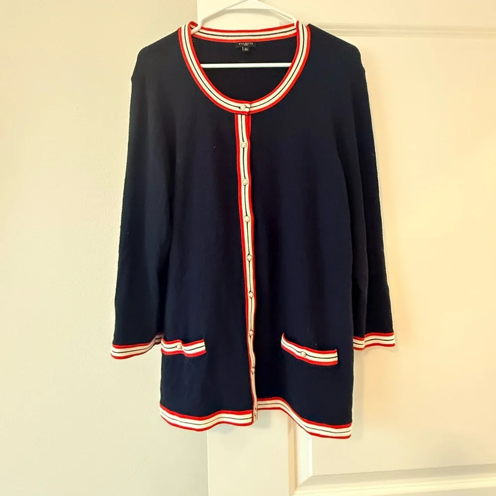 Talbots Navy Cardigan with Red and White Trim - Picture 2 of 8